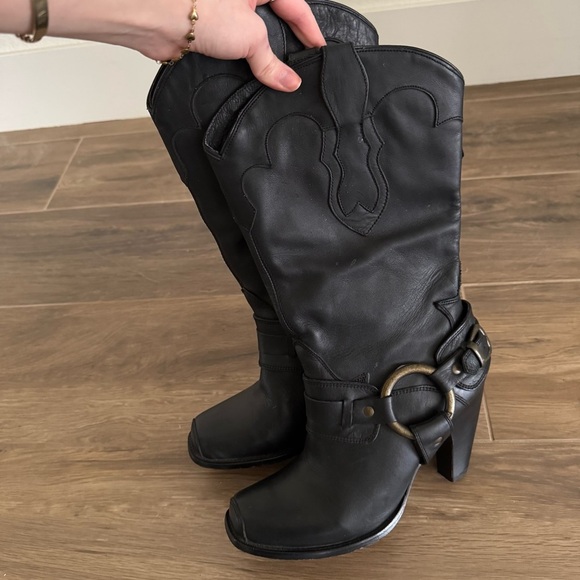 JUSTIN Black Buckle Strap High Heeled Leather Cowboy Boots - Picture 5 of 9